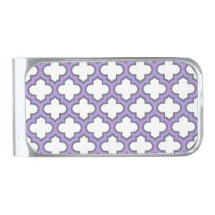 White and Purple Trellis, Lattice, Quatrefoil Silver Finish Money Clip