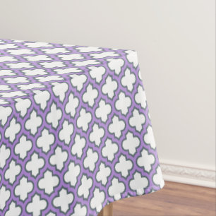 White and Purple Trellis, Lattice, Quatrefoil Tablecloth