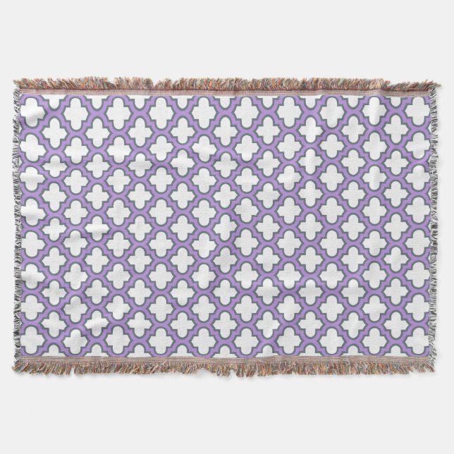 White and Purple Trellis, Lattice, Quatrefoil Throw Blanket (Front)
