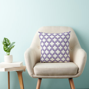White and Purple Trellis, Lattice, Quatrefoil Throw Pillow