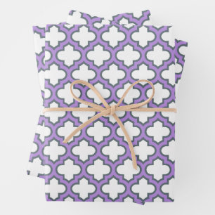 White and Purple Trellis, Lattice, Quatrefoil Wrapping Paper Sheets