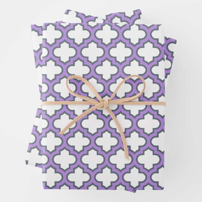 White and Purple Trellis, Lattice, Quatrefoil Wrapping Paper Sheets (In situ)