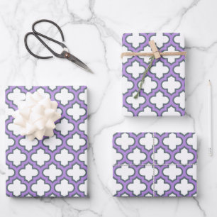 White and Purple Trellis, Lattice, Quatrefoil Wrapping Paper Sheets