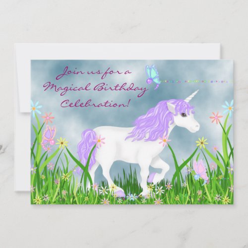 White and Purple Unicorn with Butterflies Birthday Invitation