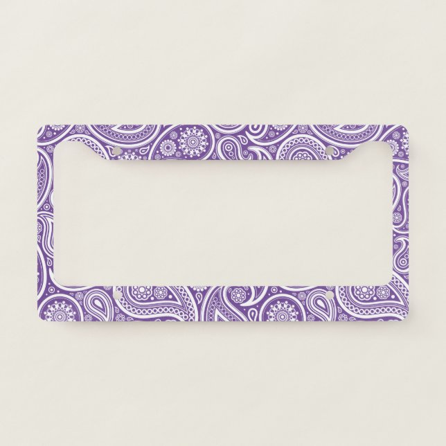 White and purple vintage paisley pattern license plate frame (Front)