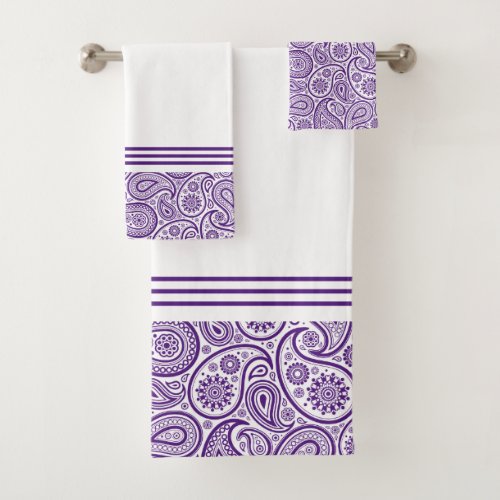 White and purple vintage paisley with stripes bath towel set