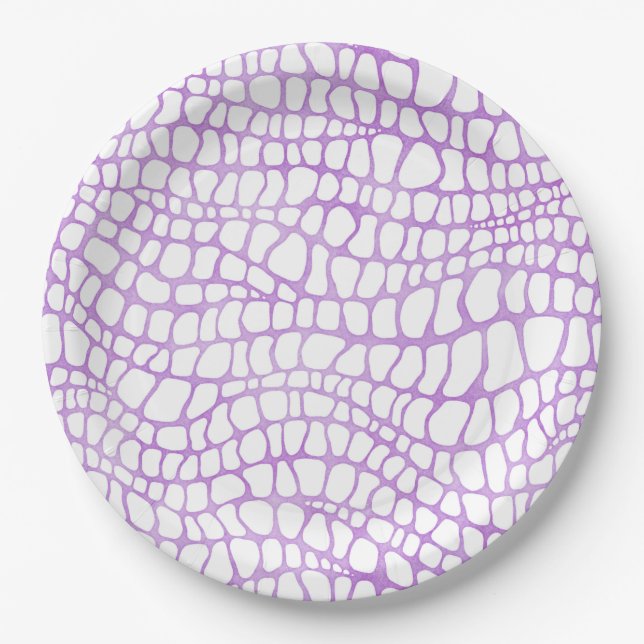 White and Purple Watercolor Crocodile Skin Pattern Paper Plates (Front)