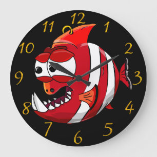 white and red cartoon piranha fish large clock