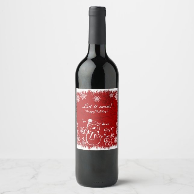 White And Red Christmas Illustration Wine Label (Front)