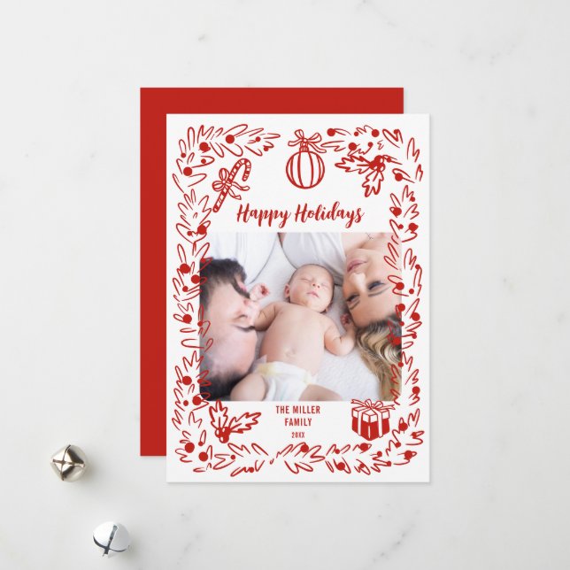 White and red Christmas Photo Card whimsical (Front/Back In Situ)