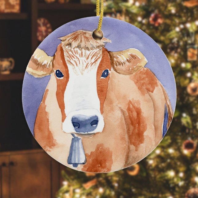 White and Red Cow (Friendly Beasts Series) Ceramic Ornament (Cow White and Red Ornament hanging in front of a Christmas tree in a living room)