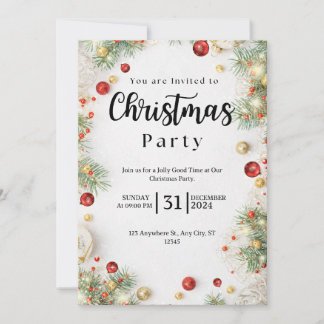 White and Red Floral Christmas Party Invitation