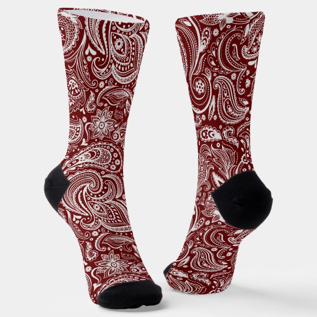 White and red floral paisley pattern socks (Angled)