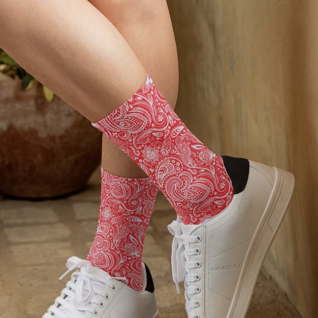 White and red floral paisley pattern socks (Creator Uploaded)