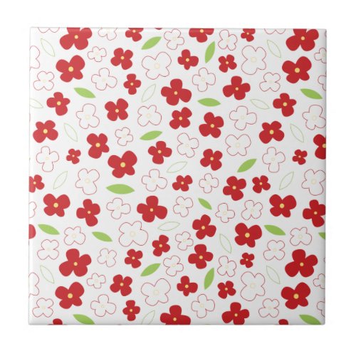 White and Red Flower Pattern Ceramic Tile