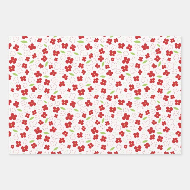 White and Red Flower Pattern Wrapping Paper Sheets (Front)
