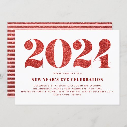 White and Red Glitter 2024 New Years Eve Party Invitation