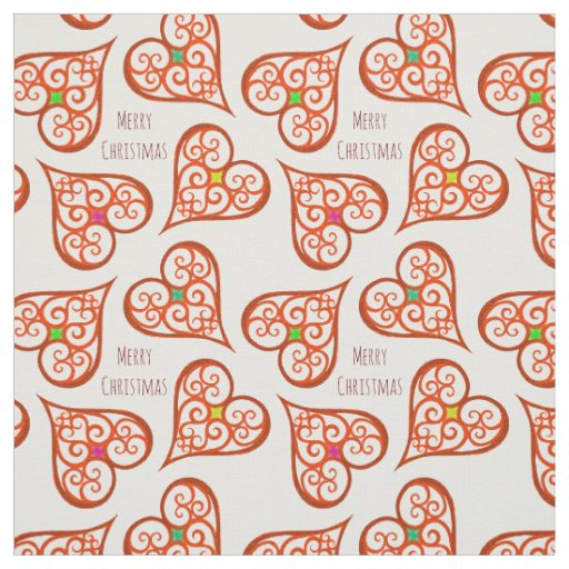 White and Red hearts elegant swirls boho chic Fabric