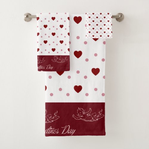 White and Red Hearts Happy Valentines Day Bath Towel Set