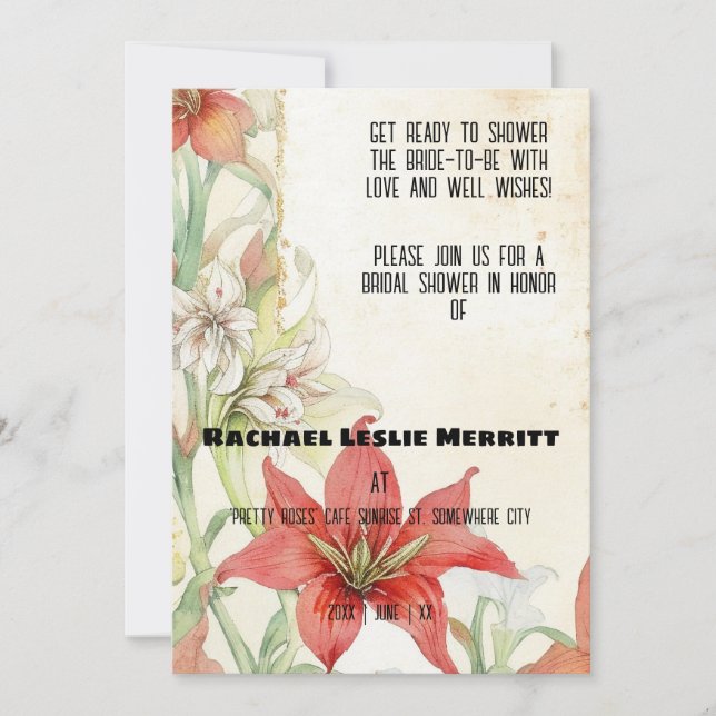 White and Red Lillies Ephemera Bridal Shower Invitation (Front)