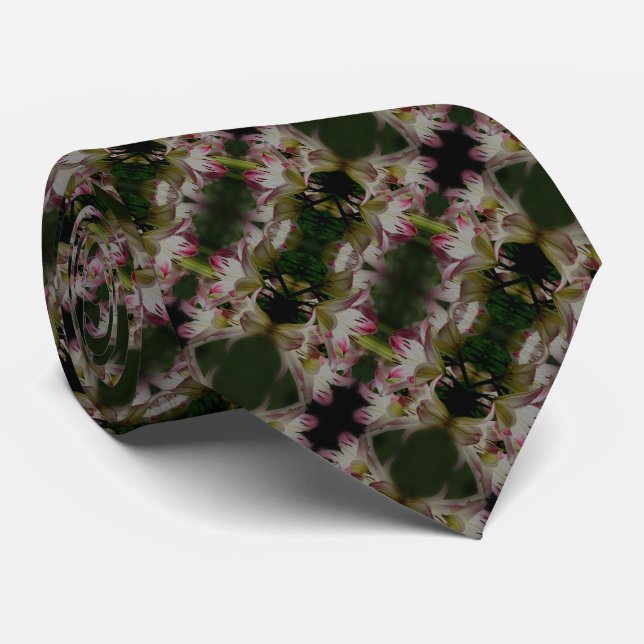 White And Red Lily Flowers Abstract  Neck Tie (Rolled)