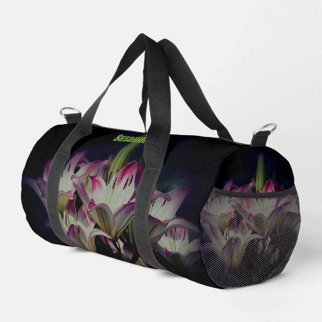 White And Red Lily Flowers Personalized Duffle Bag (Right Corner)