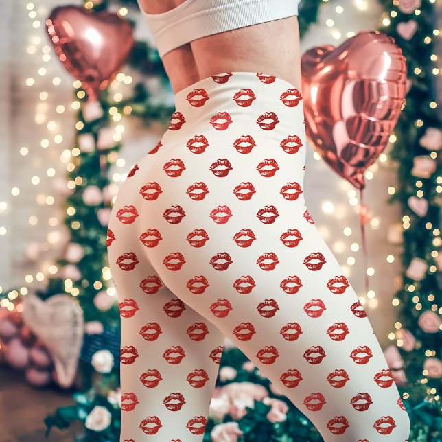 White and Red Lipstick Kiss Print Leggings (Creator Uploaded)