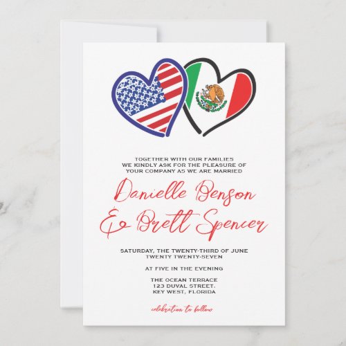 White and Red Mexican American Heart Flags Wedding Invitation