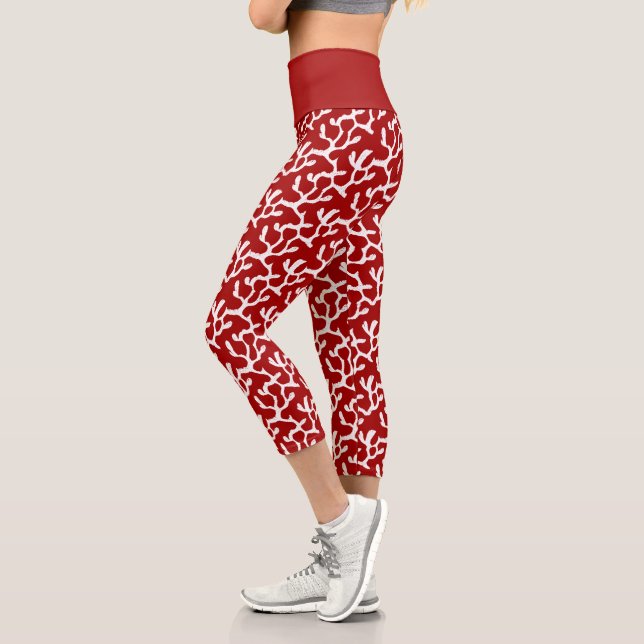 White And Red Organic Coral Reef Repeat Pattern Capri Leggings (Left)