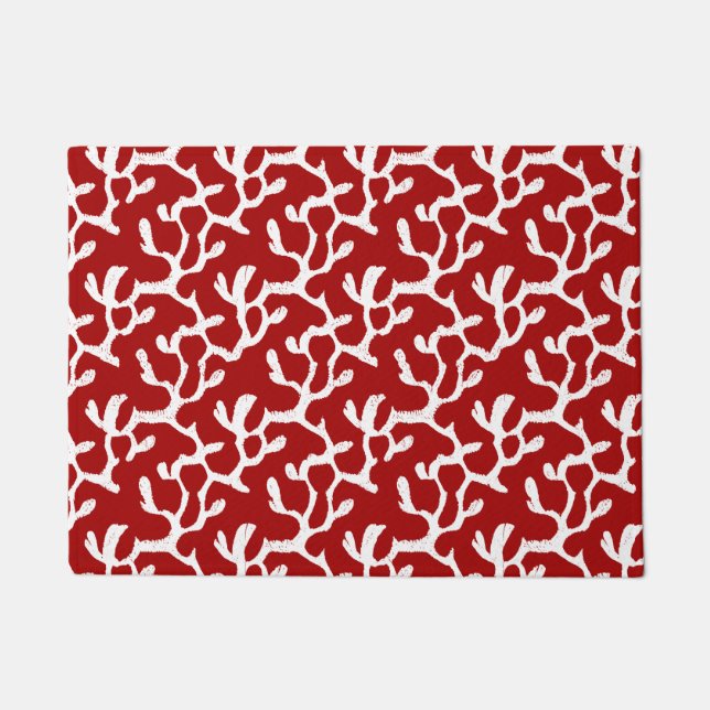 White And Red Organic Coral Reef Repeat Pattern Doormat (Front)