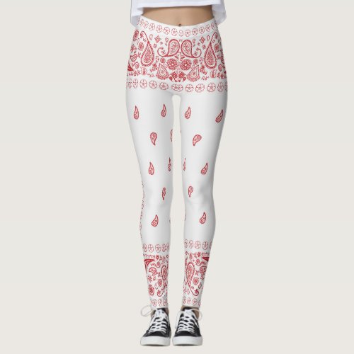 White and Red Paisley Design  Leggings
