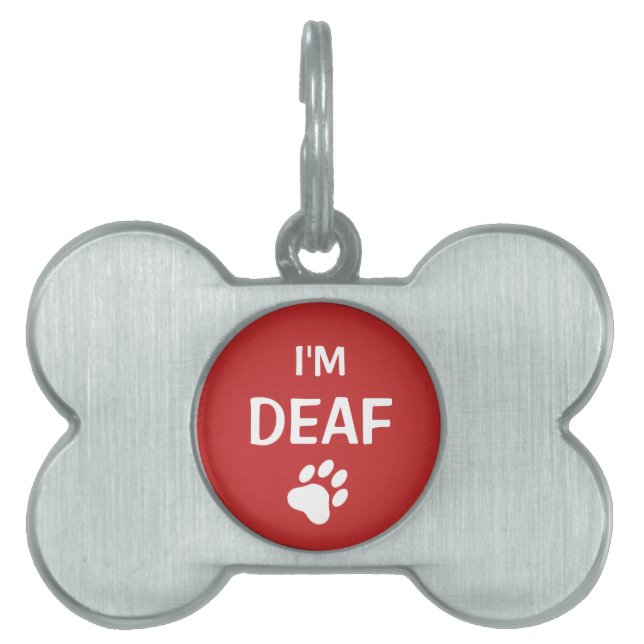 White And Red Paw Print I'm Deaf Pet Tag (Front)