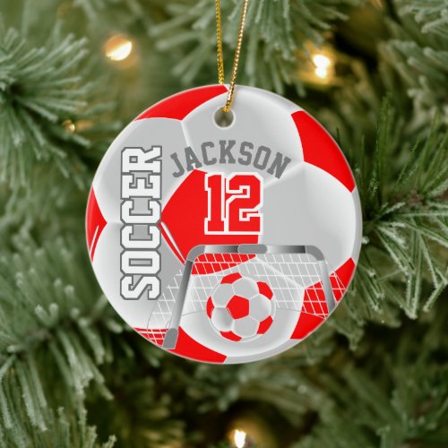 White and Red Personalize Soccer Ball Ceramic Ornament