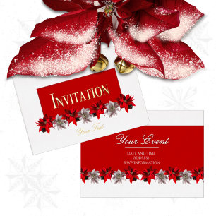 White and Red Poinsettias Foil Invitation