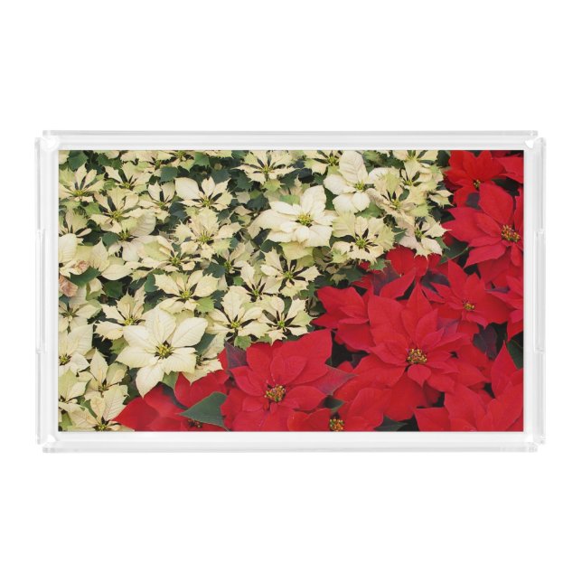 White and Red Poinsettias I Holiday Floral Acrylic Tray (Front)