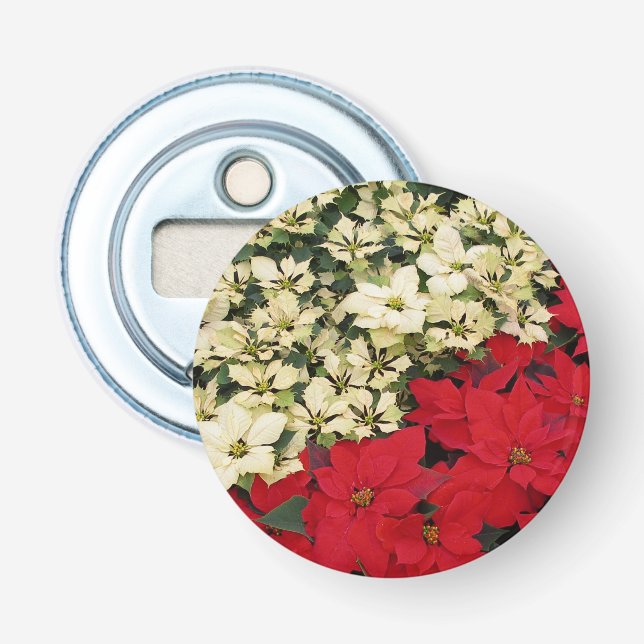 White and Red Poinsettias I Holiday Floral Bottle Opener (Front)