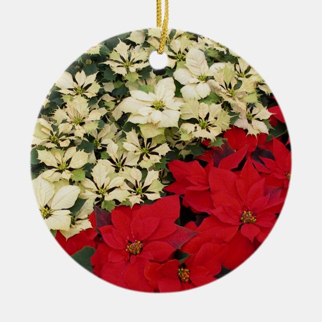 White and Red Poinsettias I Holiday Floral Ceramic Ornament (Front)