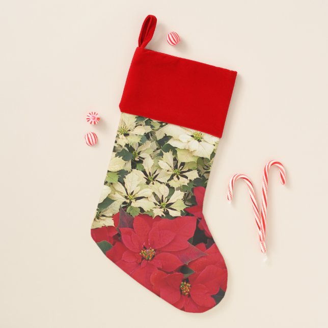 White and Red Poinsettias I Holiday Floral Christmas Stocking (Front)