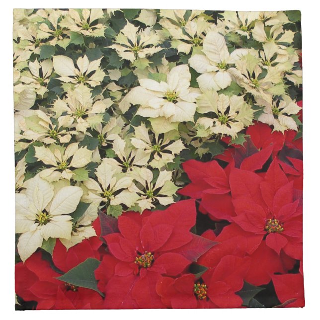 White and Red Poinsettias I Holiday Floral Cloth Napkin (Front)