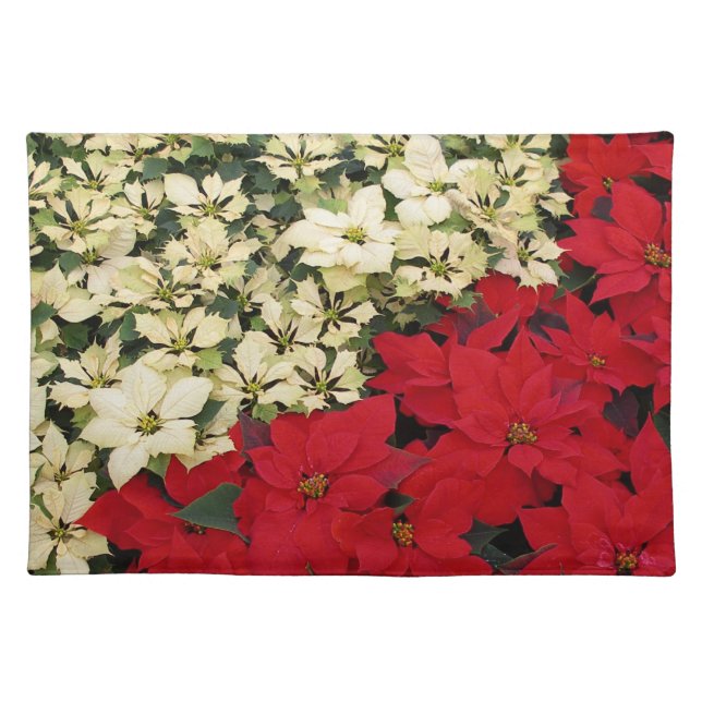 White and Red Poinsettias I Holiday Floral Cloth Placemat (Front)