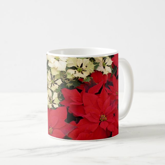 White and Red Poinsettias I Holiday Floral Coffee Mug (Front Right)