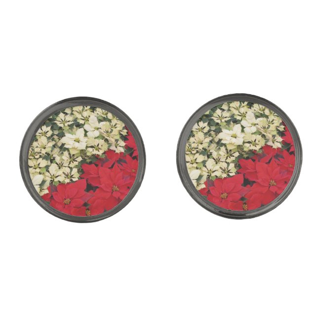 White and Red Poinsettias I Holiday Floral Cufflinks (Front)