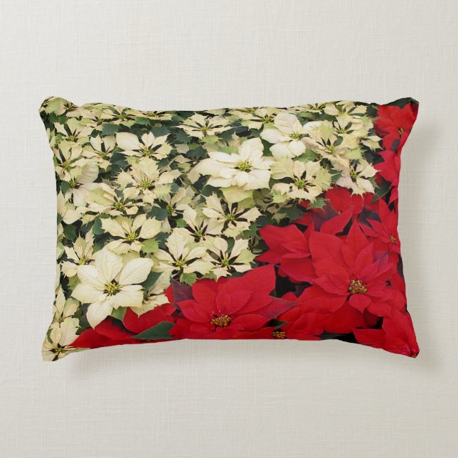 White and Red Poinsettias I Holiday Floral Decorative Pillow (Front)