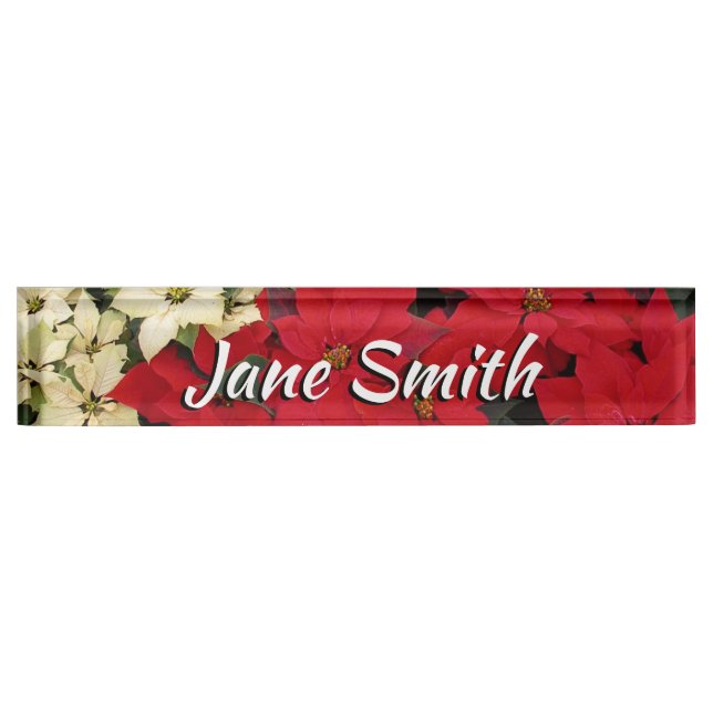 White and Red Poinsettias I Holiday Floral Desk Name Plate (Front)