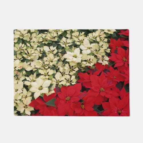 White and Red Poinsettias I Holiday Floral Doormat