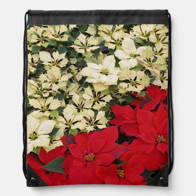 White and Red Poinsettias I Holiday Floral Drawstring Bag (Front)