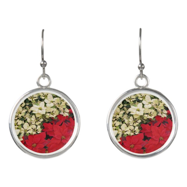 White and Red Poinsettias I Holiday Floral Earrings (Front)