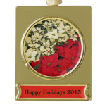 White and Red Poinsettias I Holiday Floral Gold Plated Banner Ornament