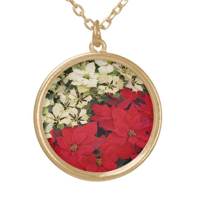 White and Red Poinsettias I Holiday Floral Gold Plated Necklace (Front)