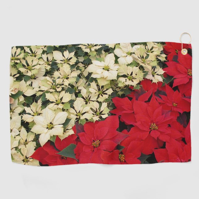 White and Red Poinsettias I Holiday Floral Golf Towel (Horizontal)